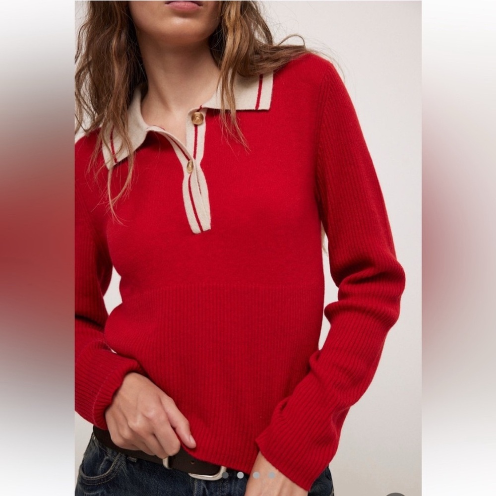 Free People Rudy Cashmere Pullover Red Sweater Collared Henley